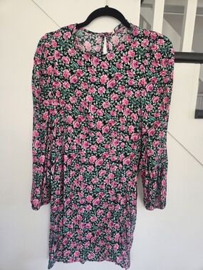 Zara Pink Rose Print Black Floral Blouse